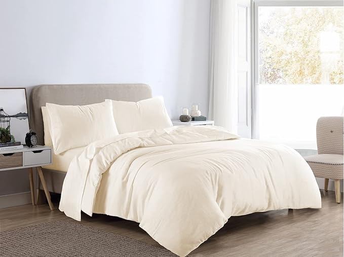 Bella Nights Flannelette Duvet Cover Set โ 100% Brushed Cotton Bedding with Matching Pillowcases Soft & Warm Thermal Bed Linen for All Seasons โ Cozy Flannel Quilt Cover Set (Cream, Double)