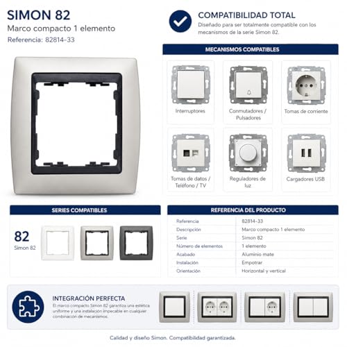 Miniatura 5 de Cablepelado Marco Compacto Para 1 Elementos Simon 82 Marco De 1 Elementos Y Bastidores 82814-33 Apto Para Superficie Y Empotrar Dimensiones: 89x87 Mm Color Aluminio Mate