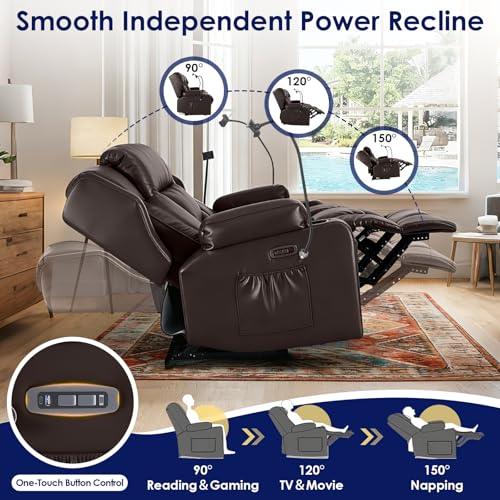 Image of Redlife Power Loveseat Recliner Sofa with Console, PU Leather Dual Reclining Couch with Blue LED Lights, Bluetooth Speakers, USB Ports, Phone Holders, Home Theater & RV Recliner (Brown)
