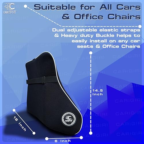 Image of Carigiri FlapRest Car Back Rest Pillow| 1 Year Warranty| Memory Foam Back Pillow| Car Seat Back Cushion| Car Back Pillow for Back Pain Relief in Office,Driving(Black, White Hemming, Pack of 1)