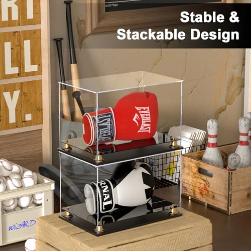 Image of Boxing Glove Display Case, Clear Acrylic Display Box, Self-Assembly Full Size Baseball Glove Holder Showcase, Football Mitt Ball Display Case with Metal Bell Base (14.4x9.3x9.4 inch)