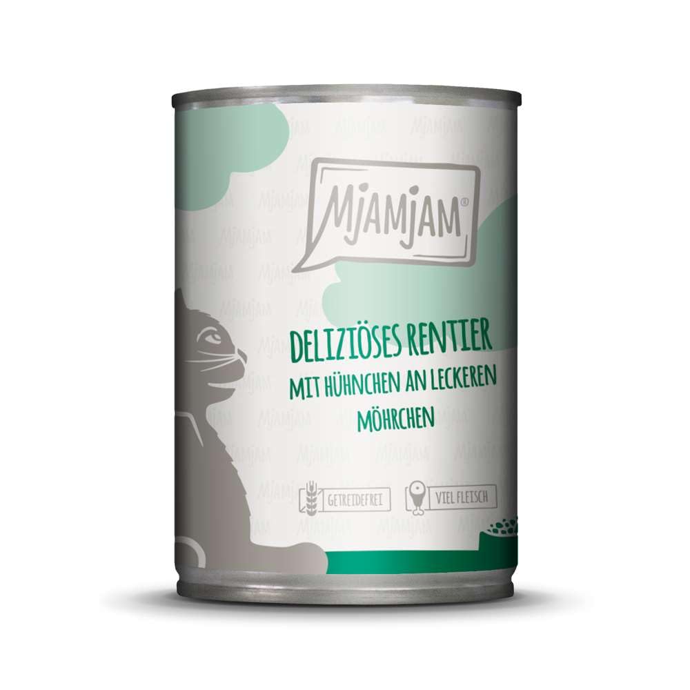 MjAMjAM - premium wet food for cats - delicious reindeer with chicken on delicious carrots, pack of 6 (6 x 400 g), grain-free with extra meat