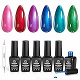 Beetles Pearl Gel Nail Polish Set, Dark Color Pink Red Purple Green Blue Nail Drawing Gel Polish 6 Colors Shimmer Mystic Flow Swirl Thread Effect Soak Off LED UV Curing for DIY Nail Art
