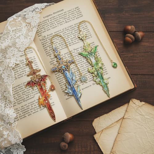Image of 4Pcs Retro Sword-Shaped Metal Bookmarks, 4 Colors Fantasy Style with Chain Pendant, Cool Reading Accessories & Gift for Students, Men, and Book Lovers