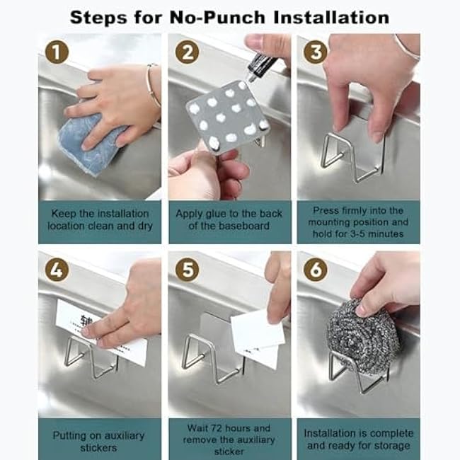 6Pcs Sponge Holders for Kitchen Sink, Strong Adhesive Sponge Holder for Sink Counter - SUS304 Stainless Steel Highly Rigid and Waterproof Kitchen Sink Caddy, Quick Drying(Gray)