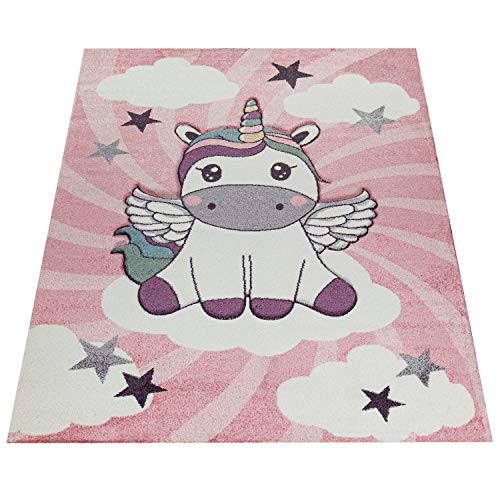 Paco Home Childrens Rug Childrens Bedroom Girls Modern Unicorn on Clouds in Pink Purple, Size:Ø 160 cm round