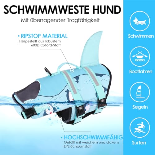 AOFITEE Schwimmweste Hund Groß, Ripstop Große Hundeschwimmweste Hai, Verstellbar & Ripstop Schwimmweste für Hunde mit Rettungsgriff, Rettungsweste Hunde Labrador Hundeweste Schwimmen, Grün, L