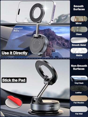 Image of Magnetic Phone Holder with Vacuum Suction Cup Strong 360 Adjustable Swivel Stand for Car Dashboard, Mirror, Kitchen, Gym & Smooth Surfaces Upgraded Locking Mount