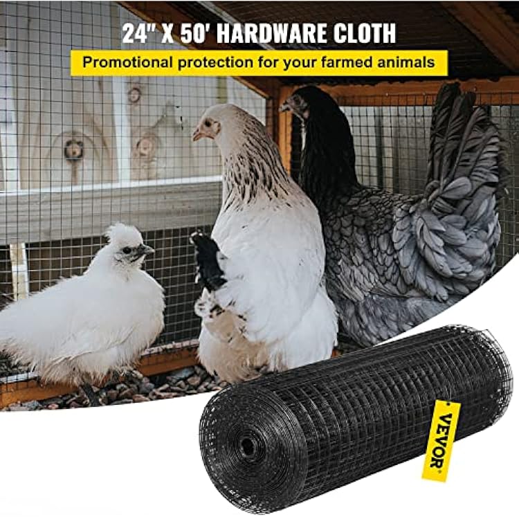VEVOR Hardware Cloth, 24 x50' & 1x1 Mesh Size, Galvanized Steel Vinyl Coated 16 Gauge Welded Wire w/A Cutting Plier & A Pair of Fabric Gloves, for Garden Fencing & Pet Enclosures, Black