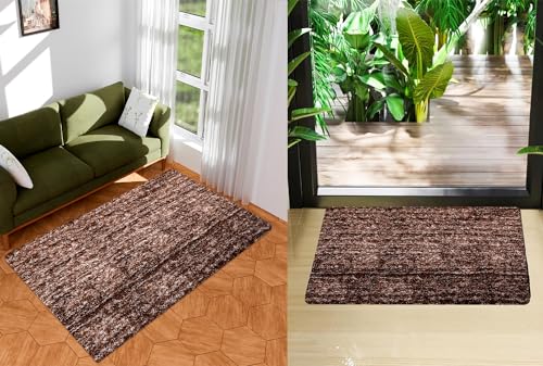 Image of Kuber Industries Carpet | Shaggy Carpet for Living Room | Fluffy Door Mat | Lexus Home Decor Carpet & Door Mat Combo | Floor Carpet Rug & Door Mat Set | Set of 2 | Brown