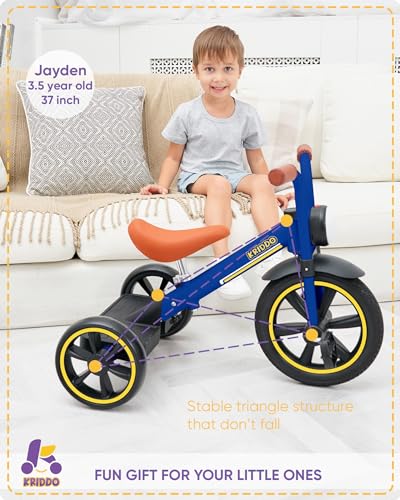 Image of KRIDDO Kids 12 Inch Tricycle With Puncture Free Wheels, Front Light, Adjustable Seat - Gift for 2-5 Year Olds, Blue
