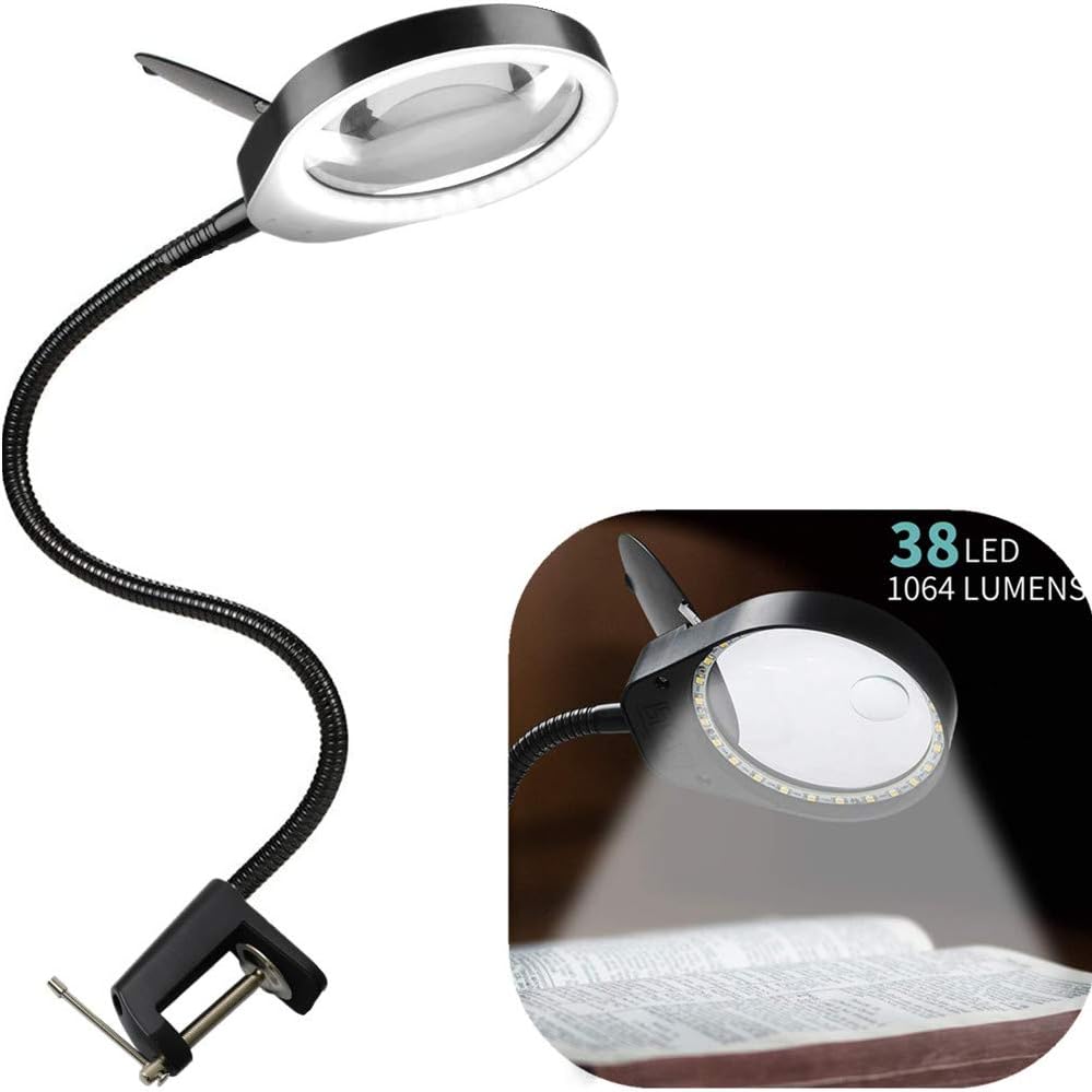 LED Magnifier Lamp, Magnifying Glass Light with Dimmable Light and Flexible Gooseneck Arm for Reading, Painting, Sewing, Needle Crafts, Puzzle Hobbyists (2.25X)