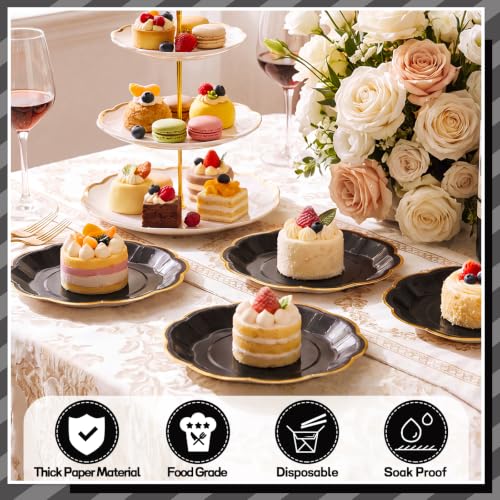 Image of 30 Pcs Black and Gold Plates 7 Inch Halloween Paper Plates with Gold Trim