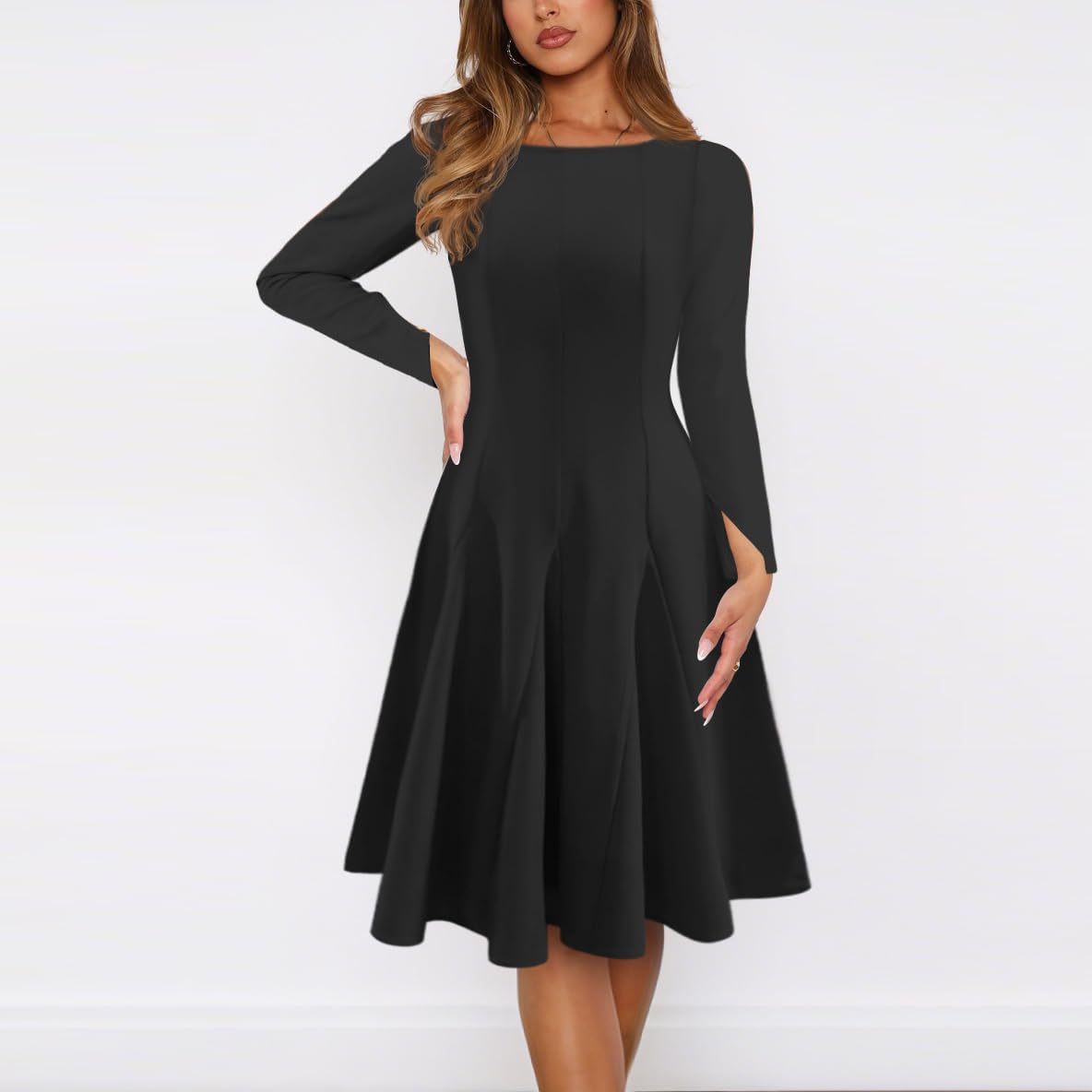 Cocktail Dress for Women Long Sleeve Elegant Midi A-Line Flare Formal Swing Fall Wedding Guest Maxi Party Dress - Image 2