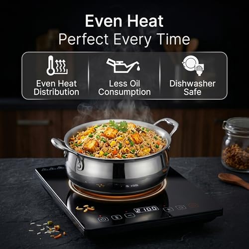 Image of AGARO Regency 3.5 L Triply Stainless Steel Handi with Glass Lid, Tri-Ply Induction & Gas Compatible, Even Heat Distribution, Non-Toxic Steel Cookware, Biryani Pot for Rice, Curry & Daily Cooking