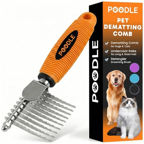 Poodle Dematting Fur Rake Comb Brush for Dogs and Cats - Long 2.5' Steel Safety Blades Metal Comb...