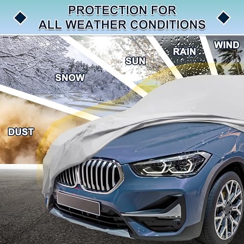 Image of Silver Tone Heavy Duty Waterproof Car Cover for SUV 173 inch-179 inch - All-Weather UV Protected Outdoor Full Exterior Cover with Sun /Snow /Rain Resistance