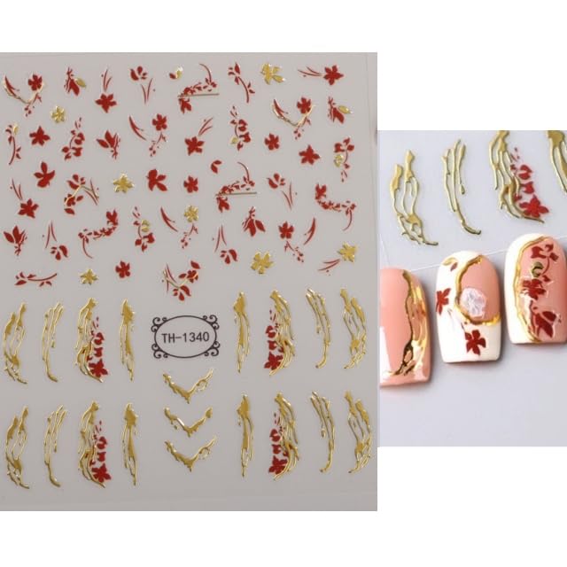 Gold Flower Nail Stickers Decals, 3D Nail Art Nail Art Stickers Gold Line Nail Decals Adhesive Metal Stripe Wave Nail Sticker for Women Manicure Decorations
