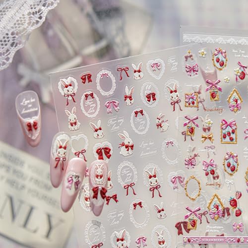Image of Cute Rabbit Nail Stickers Heart Nail Art Stickers Lace Frame Heart Design 5D Embossed Self Adhesive Nails Decals with Love Lettering for Women Manicure Decoration (1 Sheet)