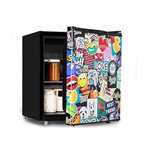 Klarstein Cool Vibe – koelkast, energie-efficiëntieklasse, volume: 48 liter, VividArt Concept: deur met StickerBomb comic design print, vriesvak, geluidsniveau: 42 dB, zwart