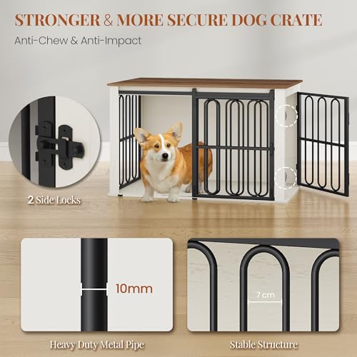 HEXCELEN Hundekäfig-Möbel aus Holz, 100 cm Hundebox für Zuhause, Hundekäfig mit 2 Türen, Schiebetüren, für Kleine, Mittlere Hunde, Robuster, Beistelltisch, 100 x 60 x 62,4 cm, Weiß Braun