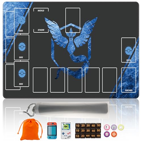 Cylvenor 24×14 PTCG Playmat Set with 22-Piece Damage Counters and Professional Storage Bag - Premium Game Mat (Blue)