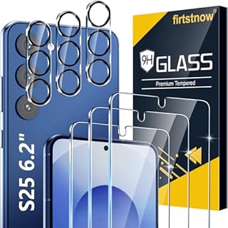 firtstnow 3 Pack for Samsung Galaxy S25 Screen Protector Tempered Glass + 3 Pack Camera Lens Protector, Military Grade Shatterproof, 9H Hardness, Fingerprint Unlock, Case Friendly 6.2 Inch