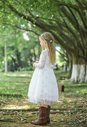 Bow Dream Flower Girl's Dress Vintage Cute Round Neck Lace Ivory Long Sleeve 6 #TOP3