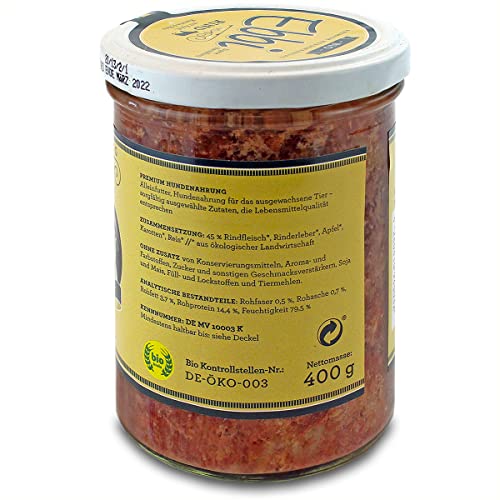 Bio Hundefutter mit Rind, Apfel, Karotte und Reis/Ebbi Inhalt: 400g Hundenahrung im wiederverschließbarem Glas (4 x 400g)
