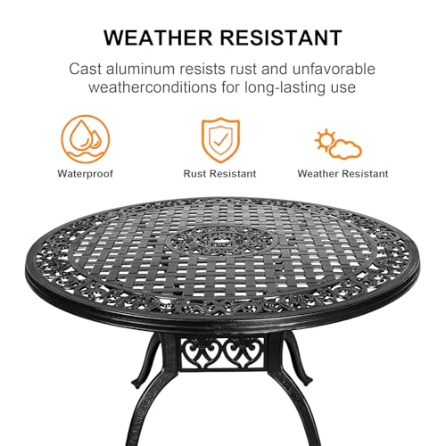 Image of 48 Inch Outdoor Dining Table Round Patio Bistro Table Powder-Coated Cast Aluminum Frame Patio Dining Table Garden Table with Umbrella Hole (Black)