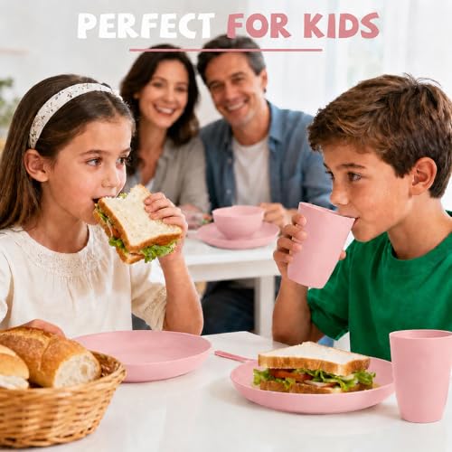 Image of Wheat Straw Dinnerware Sets for 4, 20 Piece Unbreakable Kids Dinnerware Set, Toddler Plates and Bowls Sets, Kitchen Plates and Bowls Set, Lightweight Dish Set for Travel Camping Party - Muted Pink