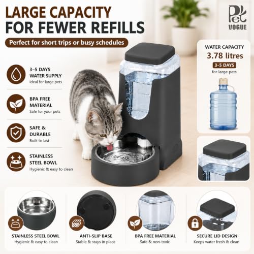 Image of PetVogue Automatic Cat Water Dispenser with Stainless Steel Bowl Dog Gravity Waterer for Small Medium Pets Puppy Kitten