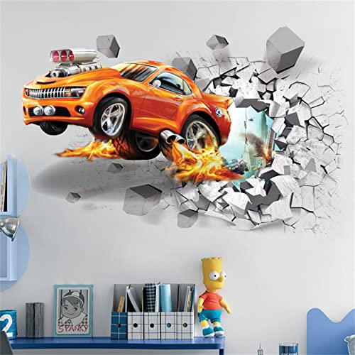 Dynamic Car Wall Stickers, Breaking Wall Creative 3D Wall Decals, Self Adhesive Removable, Art Decal Mural Wall Decor, Kids Boy Room Bedroom Playroom Wall Decoration（19.6'' × 27.5''） (Car2) #TOP29