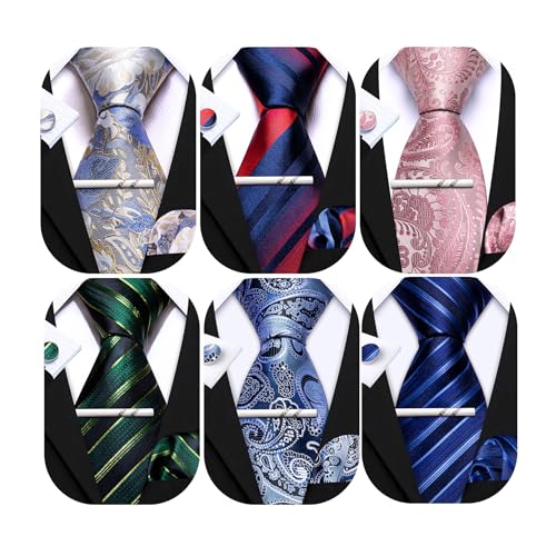 Barry.Wang 6 PCS Men Ties Set Silk Business Fashion Woven Necktie Handkerchief Cufflinks Paisley Stripe Wedding Party