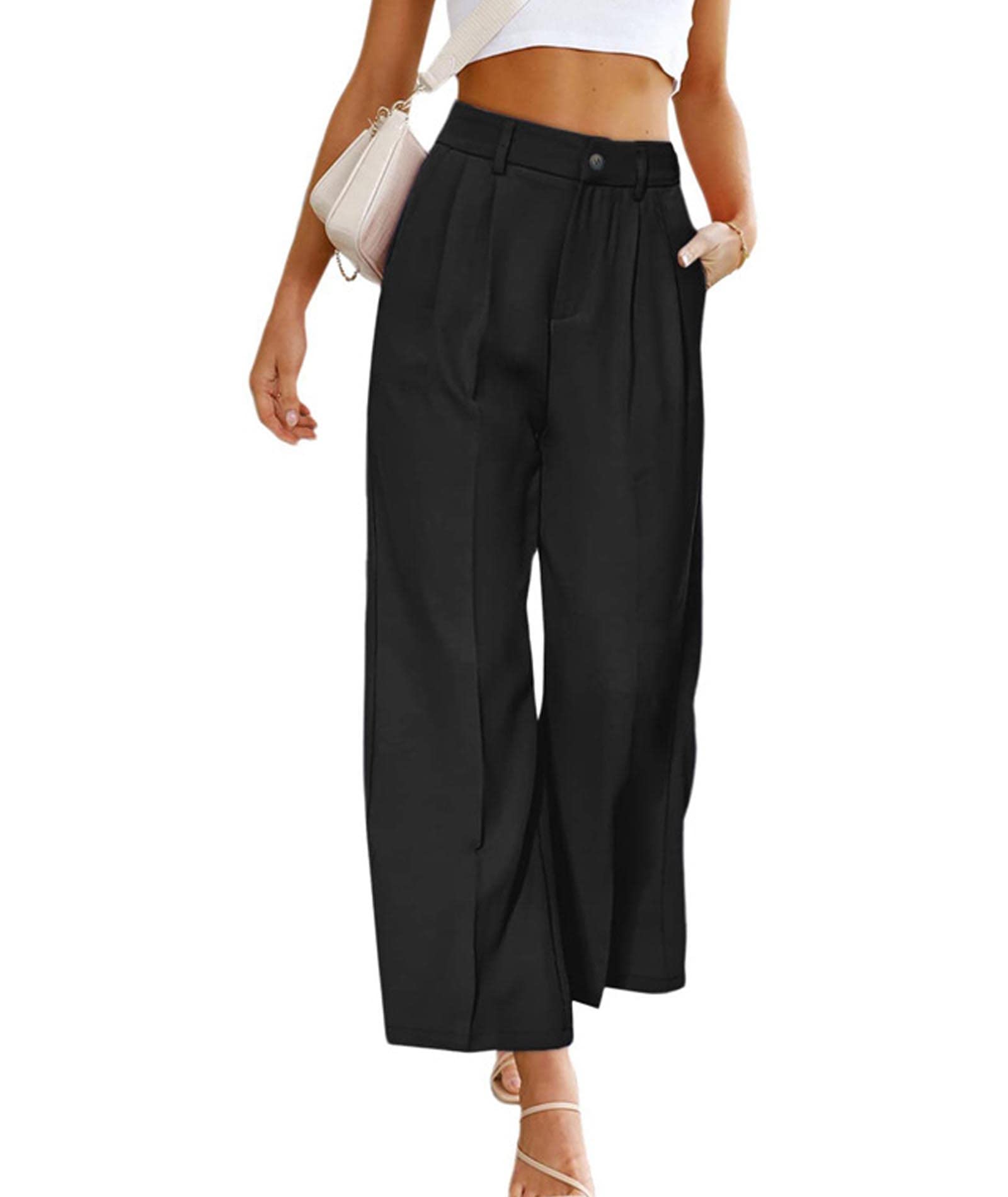 xxxiticat Womens Wide Leg Suit Pants High Waist Button Closure Loose Fit Casual Straight Leg Pleated Baggy Trousers
