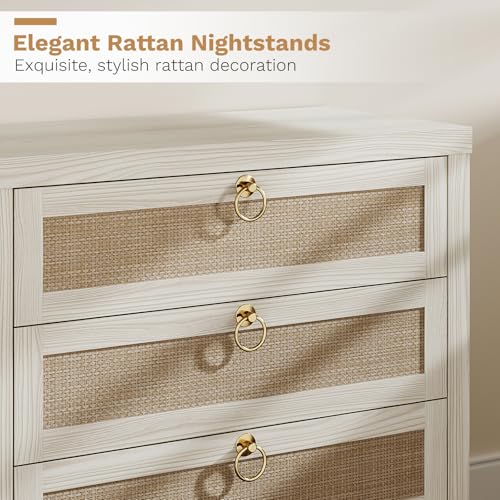 Image of Eclatara Large Rattan Night Stand Set of 2: Boho Nightstand with 3 Drawers, White Storage Bedside Table End Table Side Table for Bedroom(Cream White Oak,2 Pieces)