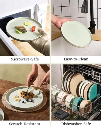 Image of Famiware Ceramic Plates and Bowls Set, Dinnerware Sets, Ribbed Dishes for 4 | 12-Piece Stoneware Dishware, Lipped Edges, Chip & Scratch Resistant, Microwave & Dishwasher Safe, Everyday Use, Light Green