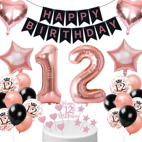 Cadimus Décoration Anniversaire 12 ans Fille,Or Rose Noir Ballons 12 ans,HAPPY BIRTHDAY Bannière,Décoration de Ballons pour 12e,Ballon Anniversaire 12 Garçons et Filles