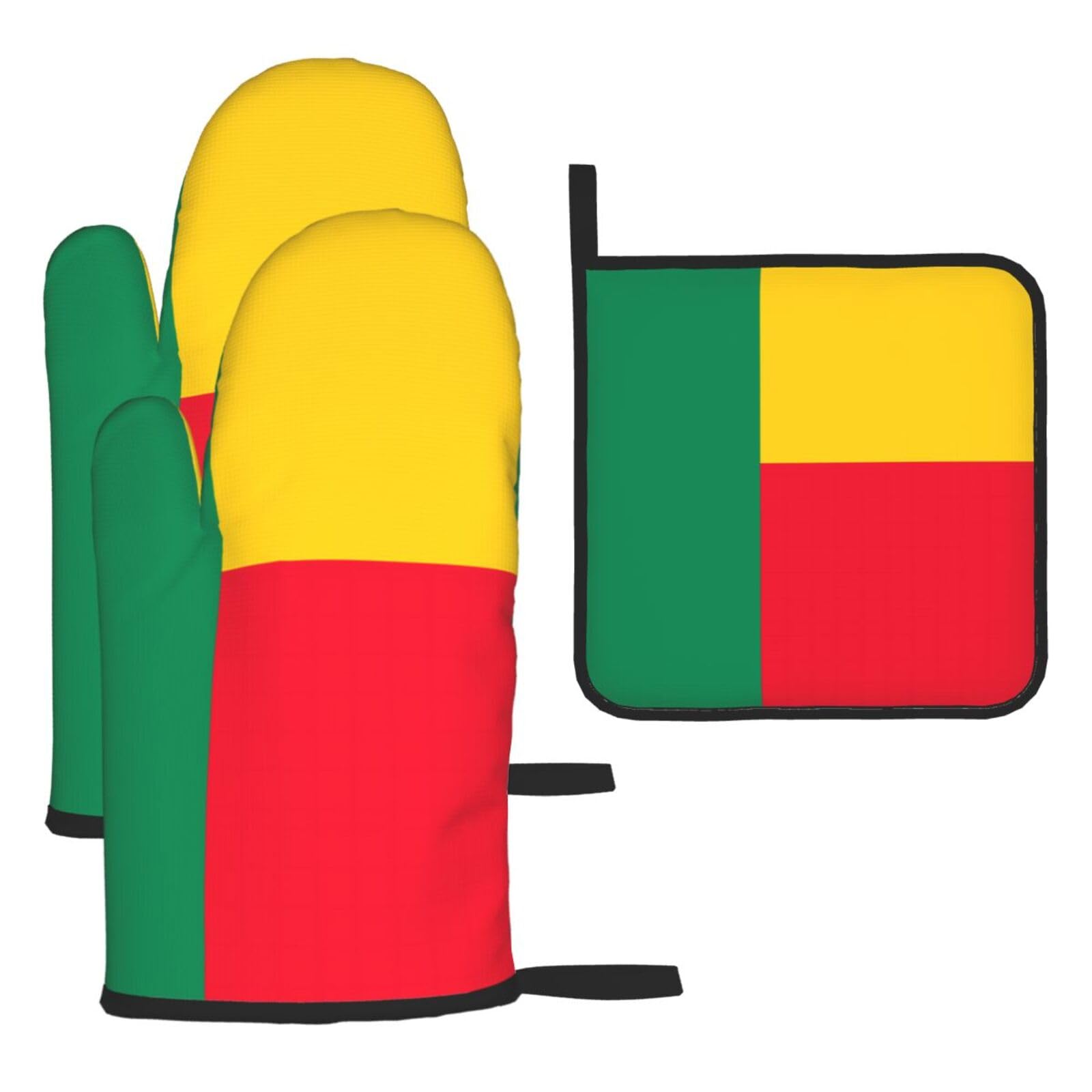 Flag of Benin Oven mittens and oven mitts three-piece set suitable for oven, grilling, baking, microwave and home cooking.