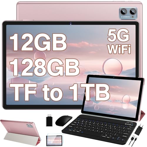 Image of 2025 Lastest Tablet 10 inch Android 13, 12GB RAM+128GB ROM (TF 1TB), Octa-Core, 5G+2.4G WiFi, Bluetooth 5.0 | FHD IPS | 6000mAh | 5MP+8MP | GPS | Widgets | Tablet with Keyboard & Mouse - Rose Gold