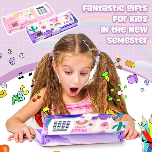 Henoyso 2 Pcs Multifunctional Pencil Box for Girls Cute Pencil Case Plastic Pencil Case with Calculator and Pencil Sharpener Pencil Pouch Gifts (Alpaca, Rabbit)