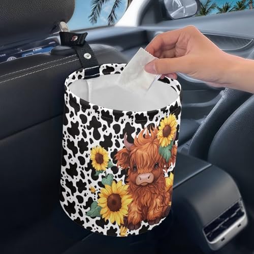 Image of Renewold Car Trash Can with Highland Cow Sunflower Print, Waterproof Car Garbage Can with Button Straps, Foldable Trash Bag Bin, Multipurpose Storage Box for Trip Camping Beach, Birthday Festival Gift