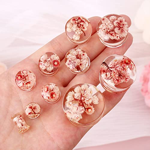 Jewseen 2Pcs Flower Ear Gauges 2g to 1'' Organic Real Flower Resin Plugs4
