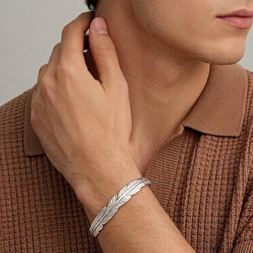 Pulsera de acero inoxidable con diseño étnico de pluma miniatura 6