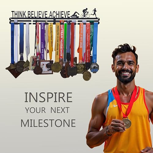 Image of Medal Hanger - Black Metal Wall Medal Holder (56 cm) | Think Believe Achieve | Medal Display for 40+ Medals | Running, Swimming, Cycling, Triathlon