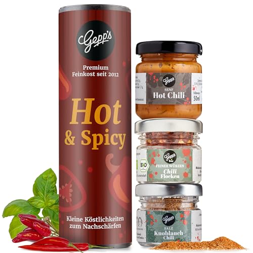 Gepp’s Feinkost Gewürzset Chili I Feinkost Gewürze I Geschenkidee für Schärfe-Liebhaber mit Knoblauch-Chili-Salz, Chiliflocken & Hot-Chili Senf I Chilli Grillgewürz, Burger-Gewürz