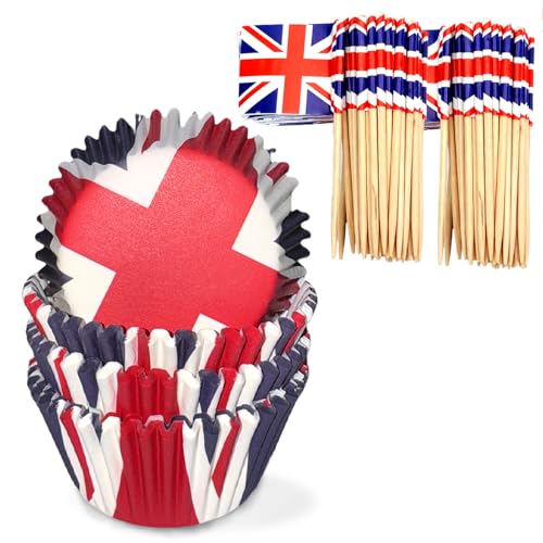 200Pcs Union Jack Cupcake Cases & Toothpick Flags for VJ Day 80th Anniversary Decorations Britain Wrapper Paper Cake Case & Cupcake Toppers Cocktail Stick for Muffins and Cakes