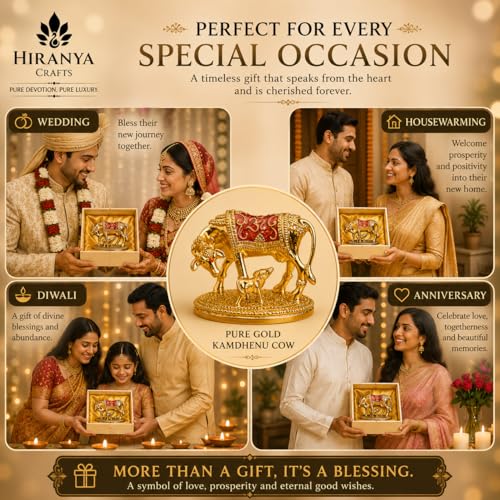 Image of 24k Gold Plated With Hand-Painted Mina Kamdhenu Cow with Calf | Attracts Prosperity | Vastu Gift Housewarming | Certificate of Authenticity | Luxury Gift Box Included (Gold Mina, 2.5 Inch)