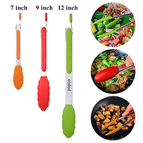The Original Popco Tongs, Set of 3-7,9,12 inches, Heavy Duty, 304 Stainless Steel Bbq and Kitchen Tongs with Silicone Tips (3 COLORS AVAILABLE)