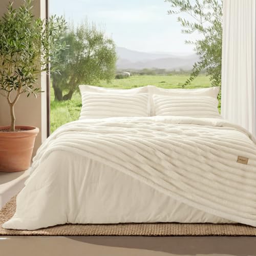 Image of Bedsure Gentlesoft 2-in-1 King Size Comforter Set and Detachable Fluffy Blanket, Cream White Bedding Set For All Season Use, Detachable Design for Space Saving (Includes 2 Pillow Shams, 2 Pillowcases)